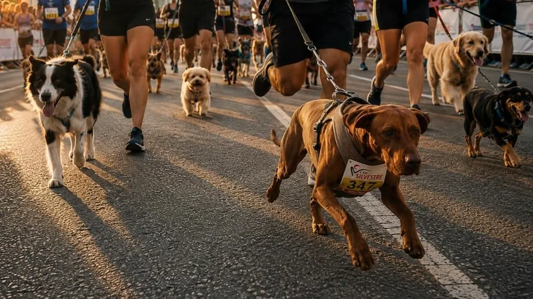 Cães correndo na rua ao lado de seus tutores, com números de peito da Cão Silvestre