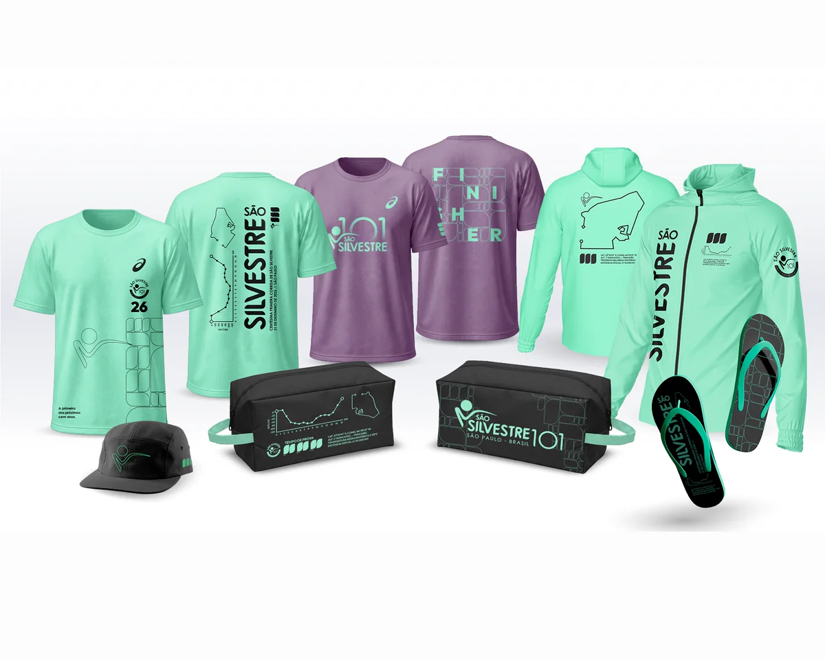 Camisetas, corta-vento, boné, porta-tênis e chinelos do Kit Premium